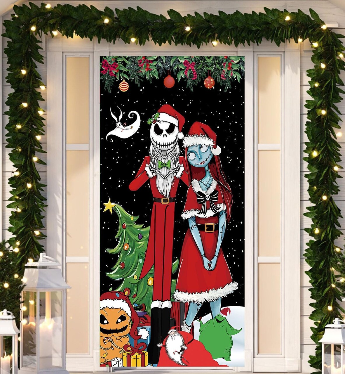Jack Skellington Sally Banner Nightmare Before Christmas Decorations Door Cover(Red)